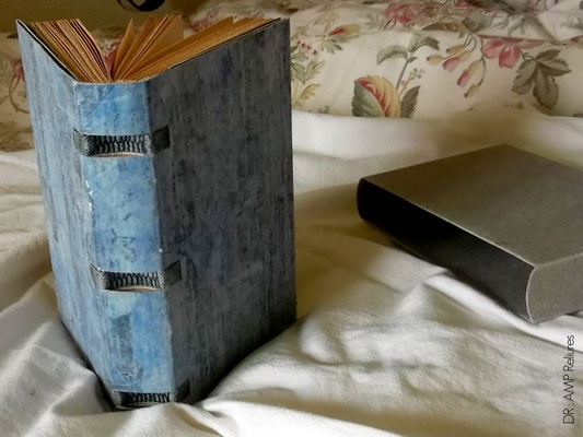 Bradel à plats rapportés, coutures apparentes sur rubans de parchemin. Couverture bleue (papier à la colle) en "Liseuse" interchangeable.