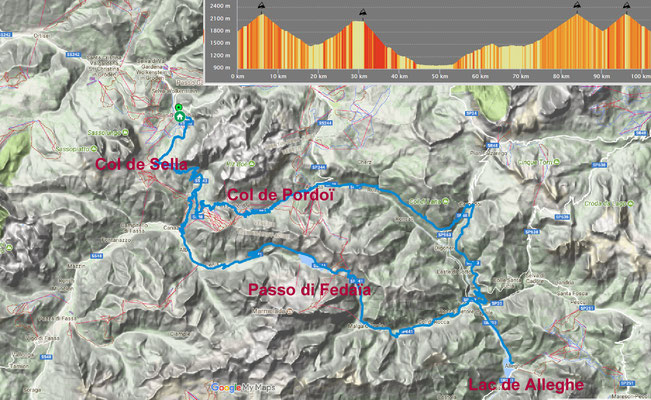 Vendredi 29 juin  Plan /  Canazei / Passo di Fedaïa / Roca Pietore / Caprile / lac de Alleghe / Caprile / Pieve / Arabba / Col du Pordoï / Col de Sella / Plan    100 km     D+ : 2900 m