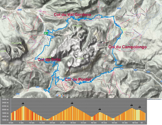 Mercredi 27 juin    ---   Plan de Gralba / Col de Sella, Canazei / Col du Pordoï / Arabba / Col du Campolongo / Corvara / Colfosco / Col du Val Gardena / Plan 65 km     D + : 2100 m      