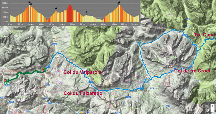Jeudi 28 juin   -   Corvara / La Villa / Pedracès / Col du Valparola /  Col du falzaredo / Pocol / Cortina d’Ampezzo / Col de Tre Crocce / lac de Misurina / Tre Cime /  retour