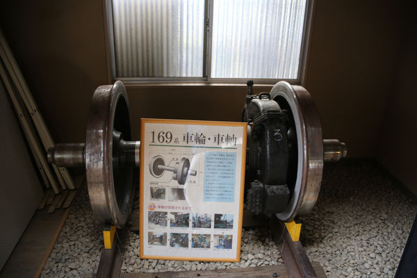 駅舎内に展示されている169系の車輪