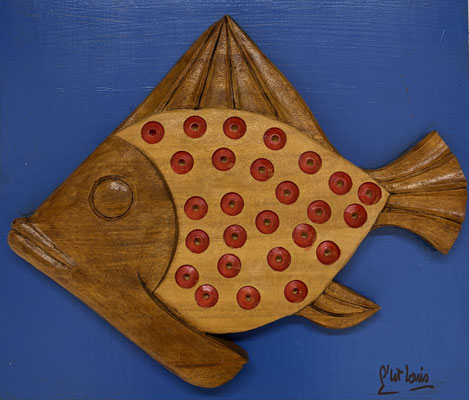 N°5155 P’TIT LOUIS Poisson cerise Bois acajou et peinture 28,5x33 2016