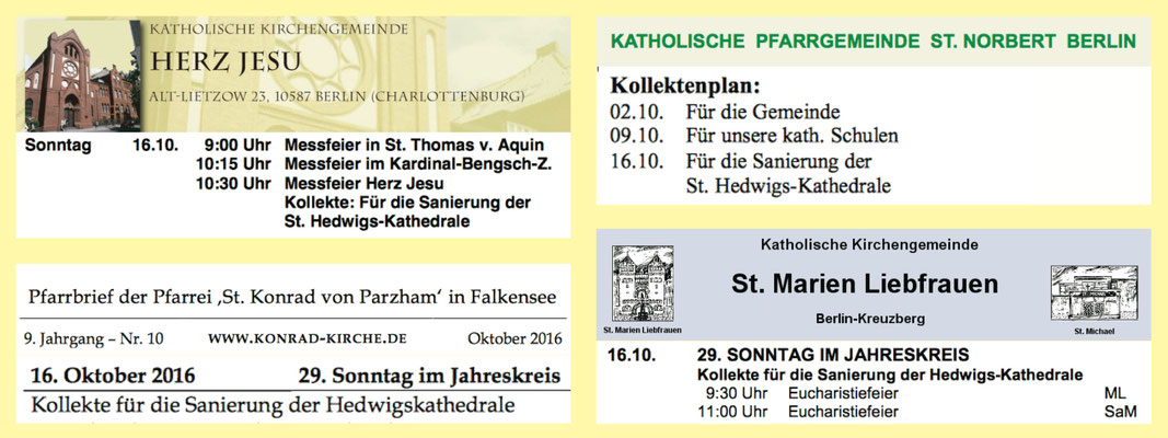 Beispiele für die angekündigte Kollekte "für die Sanierung der St. Hedwigs-Kathedrale" in verschiedenen Pfarrbriefen