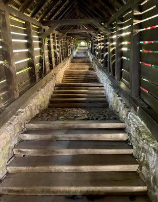 Ein hölzerner überdachter Treppenaufgang (Schülertreppe) mit über hundert Stufen führt von den Altstadtgassen hinauf zur Bergkirche...