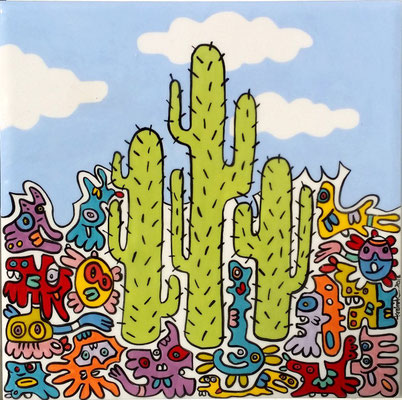 Carreaux de faïence - Cactus 26 X 26 X 3,5 cm encadré (20x20)