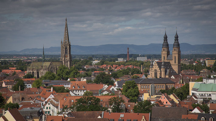 Speyer, Blick auf Gedächtniskirche und St. Josefskirche (im Hintergrund der Haardtrand mit Pfälzer Wald)