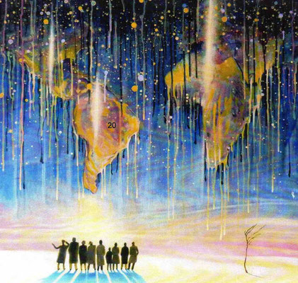 Triefende Welt, 2013, Acryl auf Leinwand, 90 x 90 cm • Η ροή του κόσμου, Ακρυλικά σε μουσαμά