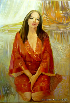 Das rote Kimono 1976,Öl auf Lnw. 100 X 70 cm./ Τό κοκκινο κιμονό 1976 Λάδι σε κανβά 100 Χ 70 εκ.