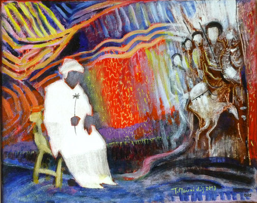 Warten, 2018, Acryl auf Leinwand, 30 x 24 cm • Περιμένοντας, Ακρυλικά σέ κανβά