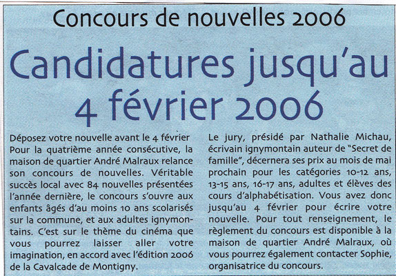 Ignymontain - décembre 2005 - Article sur un concours de nouvelles dont j'étais présidente