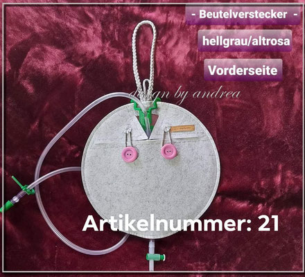Beutelverstecker in hellgrau/altrosa mit rosa Holzknöpfen