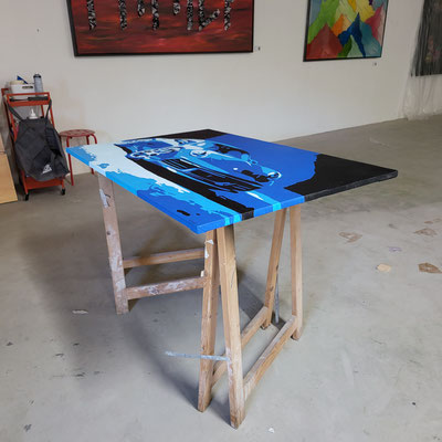 Entstehung vom Kunstwerk "BLUE DREAM", blauer Porsche, Künstler Martin Lingens