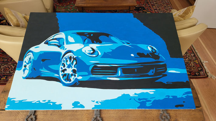 Entstehung vom Kunstwerk "BLUE DREAM", blauer Porsche, Künstler Martin Lingens