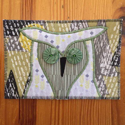 Owl grey yellow background Fiber Art Card