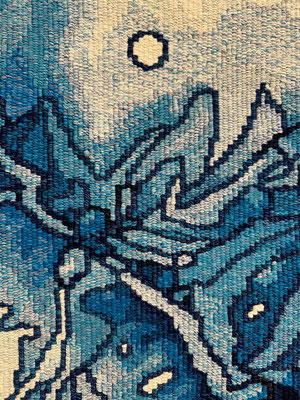 Detail of Tapestry by Dovecot Studio weavers of Sekai Mechache's "Lively Blue," 2023, Notice the blending of threads on each pick to create subtle color changes in the tapestry.  Click here to see the artist and their original artwork.