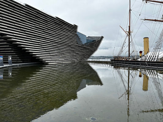 The V&A Museum, Dundee quayside on the River Tay next to Shackleton's first vessel, the RRS Discovery (the wreck of the Endurance was discovered in 2022 at 3K meters below the Weddell Sea in Antartica)