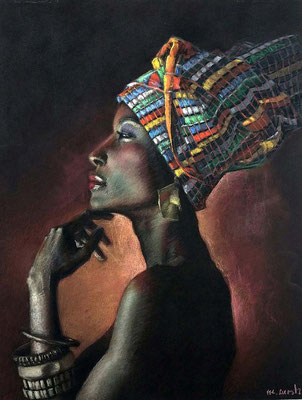 María Cuesta (Africa woman, fotografía de Joana Choumali, pastel 65 x 50 cm.)