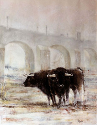 TOROS EN EL GUADIANA (Pastel 65 x 50 cm)