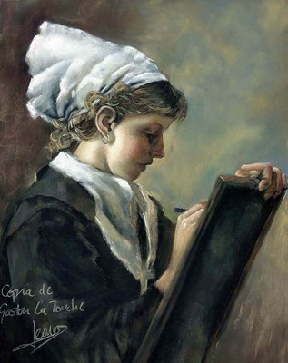 Leonor Martín (Femme écrit copia de Gaston La Touche, pastel 65 x 50 cm)