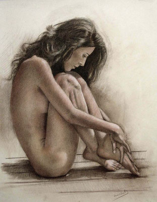 Maribel (Desnudo,  lápiz sepia-sanguina-blanco-negro 65 x 50 cm)