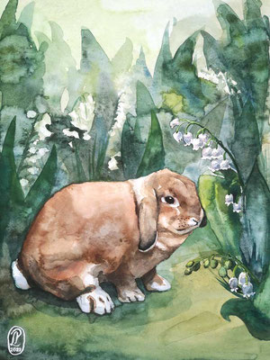 "Bunny among Lilies of the Valley", Watercolor on paper, 30x40cm