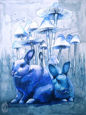 Rabbits and Mushrooms No.16, "Bunny Blues". Watercolour on paper, 30x40cm