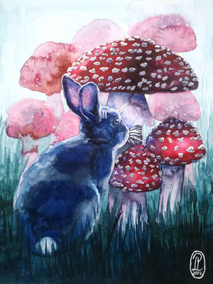 Rabbits and Mushrooms No.15, "Ruby". Watercolour on paper, 30x40cm