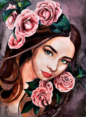 "Kamelia with Camelias", Watercolor on paper, 30x40cm