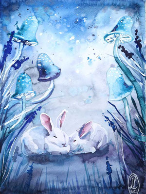 Rabbits and Mushrooms No.20, "Living in a Dream". Watercolour on paper, 30x40cm