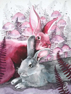 Rabbits and Mushrooms No.10, "Love". Watercolour on paper, 30x40cm