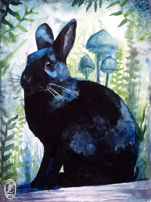 Rabbits and Mushrooms No.14, "Black Velvet". Watercolour on paper, 30x40cm