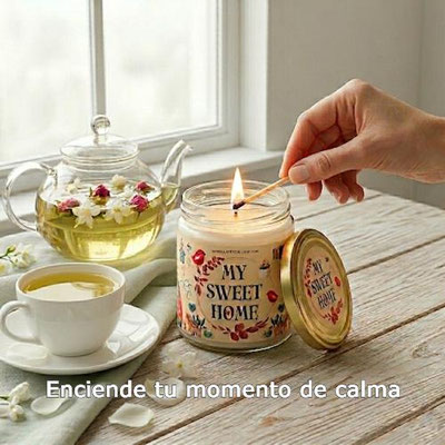vela aromática de soja en frasco de cristal siendo encendida en una mesa de madera con té de flores