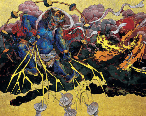 黄金背景富嶽旭日・風神・雷神（雷神）：2015年／ミクストメディア 金箔／150号（1818×2273）2枚組© Koji Kinutani Tenku Art Museum
