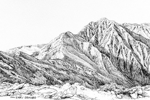 唐松岳山頂から五竜岳を望む　2024    Ink on paper.    Private collection.