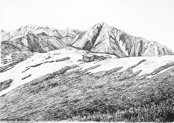 北アルプス　蝶ヶ岳から下山時、振り返った景色　　2021. Ink on paper. 