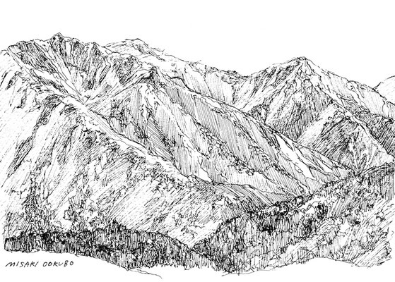 北アルプス　双六小屋前から   2022.  Ink on paper. 