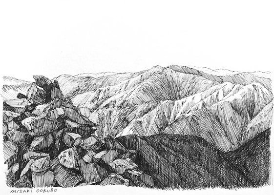 南アルプス深南部　光岳　光石から　2021.  Ink on paper. 