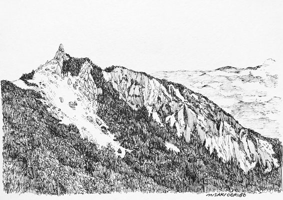 南アルプス　鳳凰三山　地蔵岳　2021.  Ink on paper. 