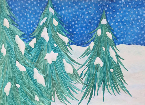 「冬の森に雪が降る」　Watercolor. 2016