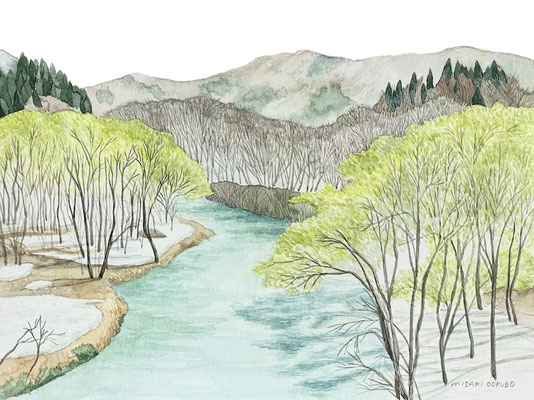 山形県飯豊町中津川　柳の新緑、雪と青い水　　Watercolor.  2025