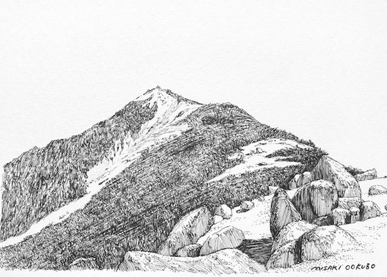 南アルプス　鳳凰三山　樹林帯を抜けて稜線に出た　　2021.     Ink on paper. 