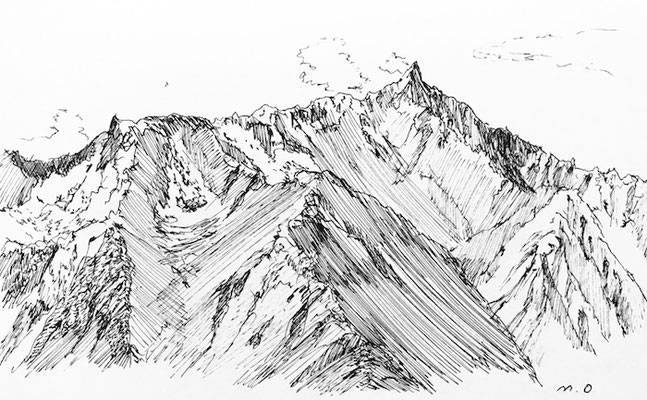 北アルプス　蝶ヶ岳山頂から槍ヶ岳をのぞむ　2020.   Ink on paper. 