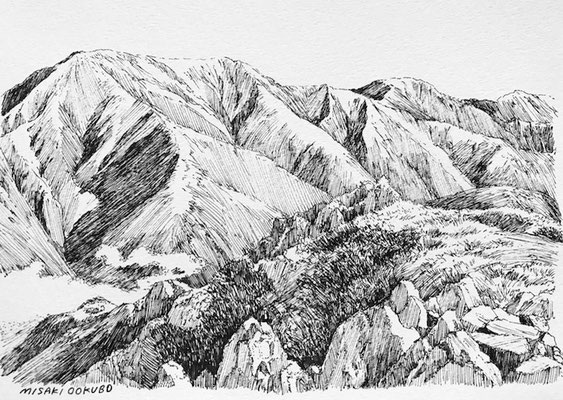 南アルプス南部　聖岳をのぞむ　Ink on paper. 　Private collection.