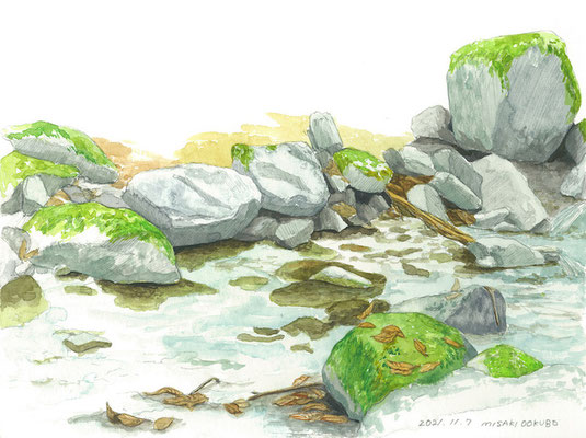 西丹沢　畦ヶ丸　秋　沢沿いに枯葉が堆積する 　Watercolor.  2021