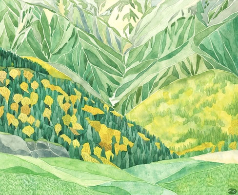 「山吹色の谷」　Watercolor.    2024　