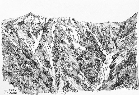 北アルプス　柏原新道から　2021.  Ink on paper. 