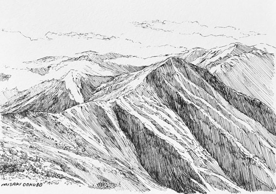 谷川連峰　肩ノ小屋付近から　2021.  Ink on paper. 