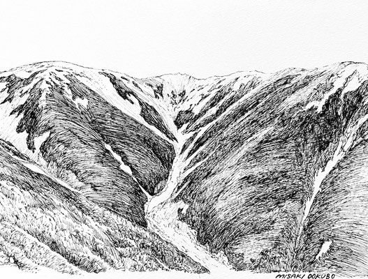 北アルプス　薬師岳へ　2022.  Ink on paper. 
