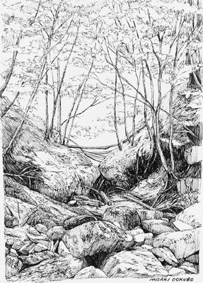 畦ヶ丸中腹の沢から　2022.  Ink on paper. 
