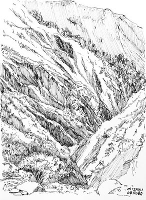 南アルプス南部　崩壊地　2018.   Ink on paper. 